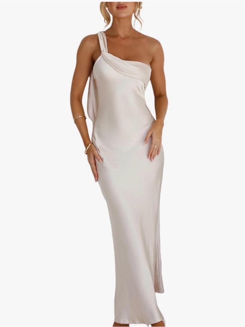 One-Shoulder Cream Satin Maxi Dress